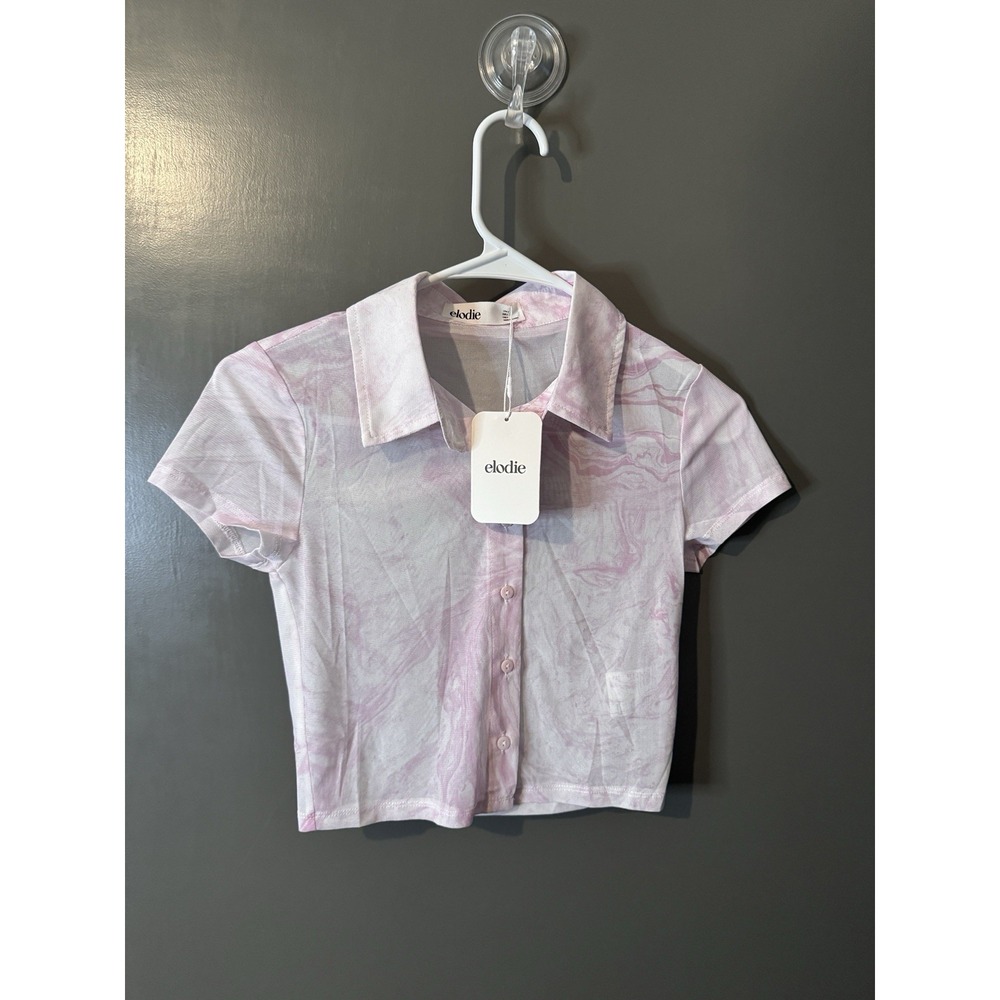 Elodie by Anthropologie Cropped Sheer Button-Up Top – Pink Marble Print | SMALL